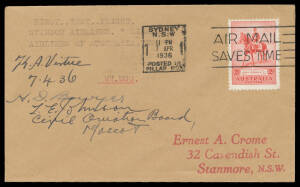 1936 (Apr 7) Sydney test flight of Stinson "Lismore" for Airlines of Australia #597a, signed by the pilot "KA Virtue" & two others, Cat $275. Only 12 carried.