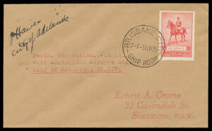 1936 (Apr 9) Perth-New Guinea delivery flight of "City of Adelaide" to Wau New Guinea per West Australian Airways Adelaide-Brisbane intermediate #600a with Jubilee 2d tied by Brisbane cds of 9AP36 & signed by the engineer "P Hawes", Cat $250+. Unlisted in