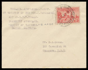 1936 (Sep 14) England-Australia per "Spirit of Flinders" #630 with SA Centenary 2d tied by 'PARLIAMENT HOUSE CANBERRA/8OC36/FCT' arrival cds, signed on the reverse by pilot "JV Fairbairn", Cat $350. Only 12 carried.