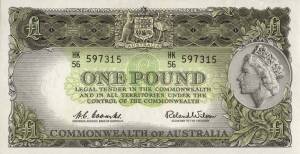 1939-61 group (R.12,17,31,34) KGVI 10/- Sheehan/McFarlane, F & &pound;1 Coombs/Watt, F; QEII 10/- & &pound;1 Coombs Wilson, Reserve Bank, both at aUnc. The &pound;1, emerald green back.