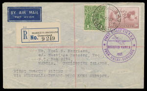 1937 (Apr 20) Brisbane-Hong Kong-Manila intermediate #728a (registered) cover & PPC both with Hong Kong transit & Manila arrival b/s & 'FIRST FLIGHT VIA PAA/...' cachet in violet, Cat $500+.