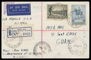 1937 (Apr 20) Sydney-Hong Kong-Guam intermediate #728a being a registered PPC with Hong Kong & Manila transits, huge 'HONG KONG TO GUAM/...' flight cachet & Guam arrival b/s, Cat $250+.