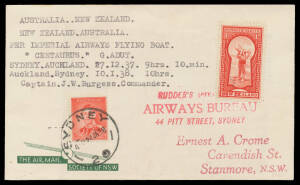 1937 (Dec 27) Australia-New Zealand-Australia cover per Imperial Airways Flying Boat "Centaurus" #779 with uncancelled NZ 1d & Australian 2d cancelled at Sydney 24JA38, signed on the reverse by the pilot "JW Burgess" & five others, minor blemishes, Cat $5