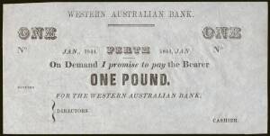 1841-44 (McPFB/60/H1) Western Australian Bank 1844 £1 unissued remainder. Full note with watermark, Unc. One of the earliest known W.A. banknotes.