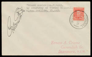 1938 (Mar 11) Sydney-Moree Air Race cover #795 & 1939 (Aug 30) Round Australia Flight #879g both per Klemm "Swallow", both signed by the pilot "Per G Elliott" of "Gordon Elliott", Cat $375.