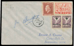 1938 (Mar 12) England-Australia cover per Percival Vega which was forced down near Waingapu on Flores (Netherlands Indies) #798, GB 1½d tied by Glasgow Exhibition slogan cancel of 9MCH/1938, signed in blue pencil by the pilot "Jim Broadbent", Cat $325. 48