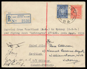 1939 (Sep 24) New Zealand-Australia per TEAL "Aotearoa" #879 cancelled on arrival & registered at Sydney, signed by the pilot "JW Burgess" & three others, minor blemishes, Cat $400.