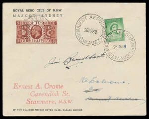 1938 (Apr 18) Australia-England #804 with First Day cover of 'MASCOT AERODROME' cds & oval 'HM CUSTOMS/22APR1938/LYMPNE AIRPORT, HYTHE, KENT' arrival b/s in violet, GB 1½d added for the return flight, signed by the pilot "Jim Broadbent", Cat $450.