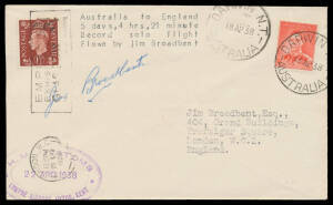 1938 (Apr 18) Darwin-England per Percival Gull "Sirius" with 2d tied by 29½mm 'DARWIN NT/AUSTRALIA' cds & GB 1½d tied by London Glasgow Exhibition slogan cancel of 23APR/1938, oval 'HM CUSTOMS/22APR1938/LYMPNE AIRPORT HYTHE KENT' cachet