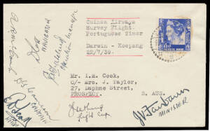 1939 (July 22) per Guinea Airways Adelaide-Koepang (Dutch Timor) & Adelaide-Dili (Portuguese Timor) #872 & 873 both covers cancelled on arrival, both signed by the pilot "DG Cameron" & six others including the Minister for Civil Aviation "JV Fairbairn", C