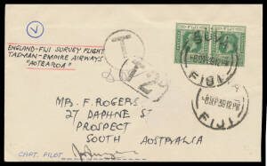 1939 (Sep 8) TEAL Delivery Flight of Flying Boat "Aotearoa" to New Zealand subsequently carried on survey flight Auckland-Fiji #877 where Fiji stamps added & cancelled but underpaid 1d so taxed with Australian 2d Postage Due on the reverse & 'V'-in-circle