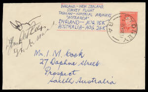 1939 (Sep 24) New Zealand-Australia per TEAL "Aotearoa" #879 cancelled on arrival at Sydney, signed by the pilot "JW Burgess" & three others, Cat $400.