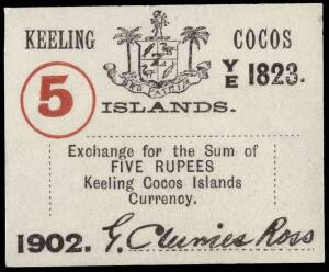 1902 Cocos (Keeling) Islands 1/10, 1/4, 1/2 and 5 Rupee Currency Notes on light cardboard. Matching set of serials, each signed by G. Clunies Ross. Very fine.