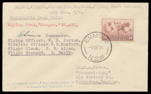 1939 (Sep 5) Australia-England First Wartime Flight cover per Flying Boat "Coogee" #879h, signed by the pilot "EC Sims", Cat $150. [War was declared 3.9.1939 & the Empire Air Mail Scheme with the All Up rate of 5d was immediately suspended, and the rate i