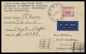 1939 (Nov 28) Sydney-Brisbane cover per Fairchild Survey Flight #885b signed by the pilots "FE Secor" & "JR Lund", tiny blemishes, Cat $800. Only 5 flown: acquired at a Charles Leski auction in 1999 for $925.