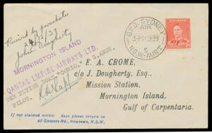 1939-46 Qantas Christmas Parachute Mail Flights to Mornington Island comprising #887, 936, 950, 971 & 1089, the first with flight cachet, the others with Qantas parachute labels, all but the last signed by the pilots, Cat $800.