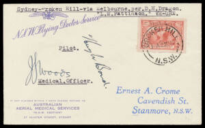 1940 (May 13) NSW Flying Doctor Service cover Sydney-Broken Hill per Dragon "LM Pattinson" #900b, signed by the pilot "Hugh Bond" & Medical Officer "JS Woods", Cat $225. 40 carried. [This was the first aircraft owned by what became the Royal Flying Doctor