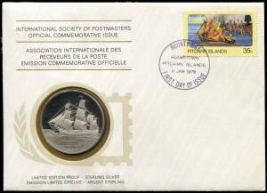 1975-1980 International Society of Postmasters commemorative FDCs with PROOF SILVER medallions. Complete set of 72 covers, with 12 covers per year commemorating significant famous people or National and International events contributing to the worlds hist