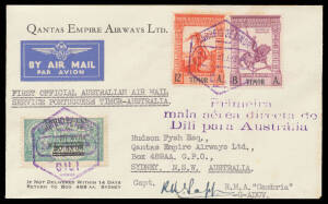 1941 (Jan 17) Australia-Portuguese Timor cover per Qantas Flying Boat "Coriolanus" #912 registered at Sydney with Dili arrival b/s, and the return flight #913 on Qantas envelope with 3-line Portuguese cachet, signed by the pilots "HB Hussey" & "RB Tapp" r