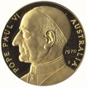 1970 First Papal Visit to Australia cased set of 2 identical proof medallions in GOLD and silver depicting Pope Paul VI and the Papal Arms. The gold medallion is 18ct, hallmarked and weighing 0.84oz.