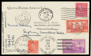 1941 (Jan 25) Qantas Delivery Flight cover of Catalina Flying Boats for the RAAF #914 with combination franking of USA New Caledonia & Australian stamps cancelled at San Diego, Canton Island, Noumea & Sydney, signed on the reverse by the pilot "LJ Brain",