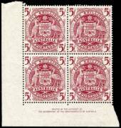 Accumulation of blocks, majority KGVI imprints, plus a few QEII, incl. 5/- Arms and 2/6 Aborigine, all in various quantities. Not checked by us for varieties or thin papers. Generally fine, may suit specialist or trader, 100's