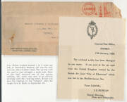 1935-39 Crash Mail group comprising "City of Khartoum" #575 long envelope from Switzerland with contents & advisory leaflet from Sydney GPO; "Scipio" #623 to London with 'DAMAGED BY WATER' h/s; "Athena" advisory leaflet from Sydney GPO; and "Cygnus" #782a - 5