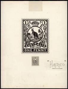 1911 Stamp Design Competition entry by E.T. Luke1d Kangaroo in circle, surmounted by the royal crown and surrounded by ferns, wattles and gum leaves; pen & ink original artwork (90 x 115mm) on thick artboard (228 x 285mm) with a stamp-size photographic re