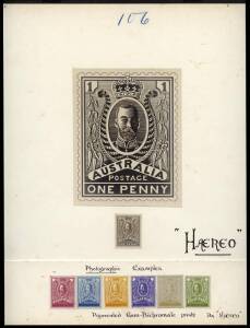 1911 Stamp Design Competition entry by E.T. Luke1d King George V Fullface framed by Lyrebird tail and gum leaves, surmounted by the royal crown and with AUSTRALIA contained in a boomerang-shaped frame; printed design (96 x 123mm) in black on thick artboar