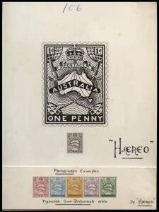 1911 Stamp Design Competition entry by E.T. Luke1d map of Australia, surmounted by the royal crown and with AUSTRALIA contained in a boomerang-shaped frame; original pen and ink artwork (90 x 116mm) in black on thick artboard (228 x 285mm) with a stamp-si