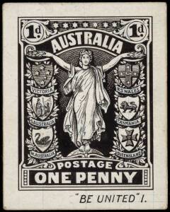 1911 Stamp Design Competition entry by Maximillian Tannenberg1d Allegorical Figure and Coat-of-Arms of the 6 States of the Commonwealth, pen and ink original artwork on thick card (44 x 47mm) endorsed "BE UNITED" I at foot.Superb and unique.Tannenberg was
