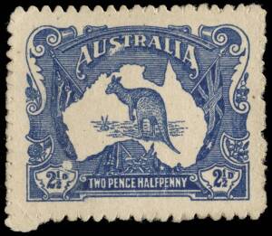 KANGAROO AND MAP SERIES ESSAYS BY BLAMIRE YOUNG2&frac12;d blue essay in horizontal format showing a Kangaroo on a map of Australia (lacking Tasmania) between draped flags, on ungummed unwatermarked white wove paper with saw-tooth roulette 14&frac12;; very small surface