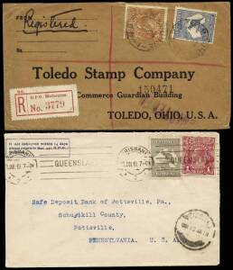 Kangaroos on cover: range of commercial usages to 1932; all addressed to U.S.A. (2 registered) with frankings including 2d, 2&frac12;d, 3d, 6d, 9d & 1/-, some incombination with KGV heads or on postal stationery items. Mixed condition.