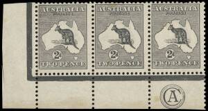 2d Grey plate 2, CA Monogram strip of three, Unit 55 showing "retouched left frame and shading N.W. of map". Cpl minor tone spot on gum otherwise fine MLH. BW:5z