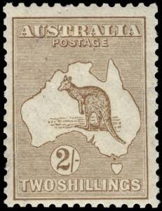 2/- Brown, THIN PAPER (averages 0.065), with unlisted variety "Open mouthed kangaroo"