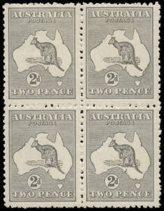 2d Grey (Die 2A) positional block with varieties "White flaw adjacent to NSW Coast" [BW:8i] and "White flaw on Roo's tail" on the unit below. MUH/MLH.