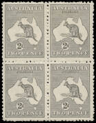 2d Grey (Die 2A) positional block with varieties "White flaw adjacent to NSW Coast" [BW:8i] and "White flaw on Roo's tail" on the unit below. MUH/MLH.