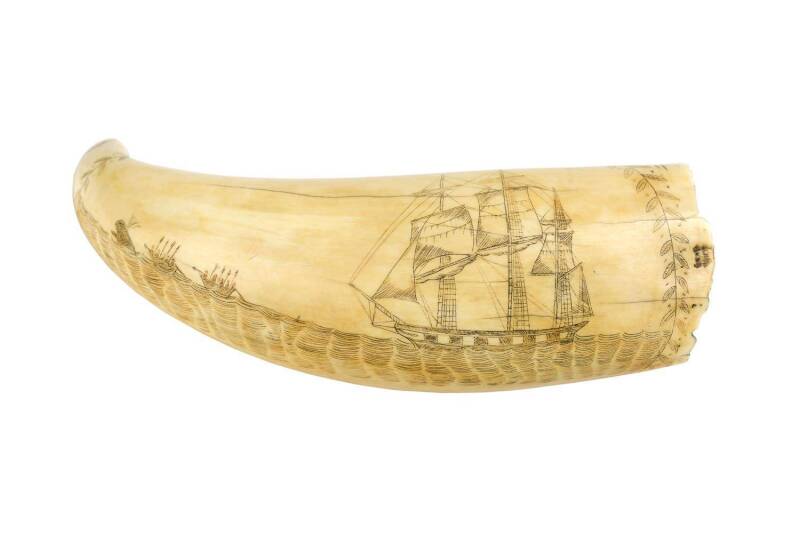 A scrimshaw whale's tooth with whaling scene, 19th C.