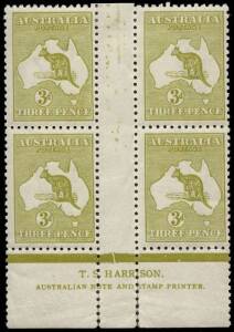 3d Olive-Green Die 1 Plate 1, HARRISON Imprint block (4) MUH/MLH very fine and scarce. BW:13zh.