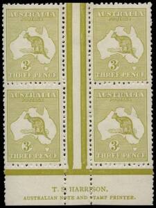 3d Yellow-Olive Die 1 Plate 2, HARRISON Imprint block (4) MUH/MLH very fine and scarce. BW:13(2)zd. Cat.$3250.Provenance: Kevin Nelson 2002; Hugh Morgan