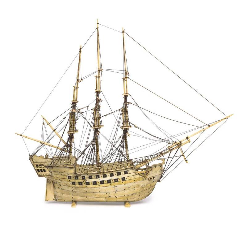 A Napoleonic prisoner of war bone model tallship, early 19th century35cm high, 41cm long