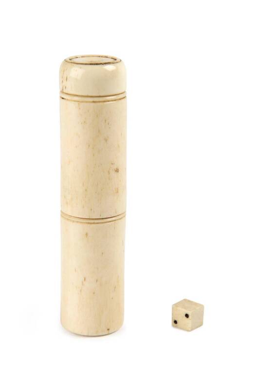 A whalebone needle case with cup & dice, 19th century