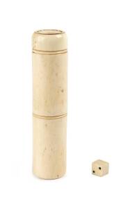 A whalebone needle case with cup & dice, 19th century