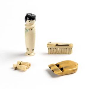 Whalebone needle case, whistle, brush & binoculars