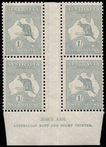 1/- Emerald, ASH Imprint block, Plate 4; superb. BW:33(4)zd - $1000. Provenance: Kevin Nelson, May 2002.