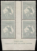 1/- Emerald, ASH Imprint block, Plate 4; superb. BW:33(4)zd - $1000. Provenance: Kevin Nelson, May 2002.