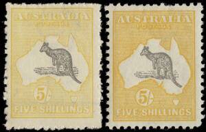 5/- Grey & Yellow and 5/- Grey & Orange-Yellow singles (2) mixed perfs Mint.