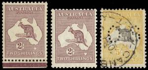 Group with 2/- Maroon, (2*, one a lower marginal single MVLH) plus 5/- Grey & Yellow, punct. 'OS', commercially used Canberra. A couple of minor faults.