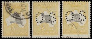 5/- Grey & Yellow, a single commercially used and 2 punct. 'OS', CTO. Mixed condition.