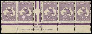 9d Violet, Ash imprint strip of 5, Plate 4, second State; BW.29zc. A couple of minor faults to the gum, otherwise fine appearance.